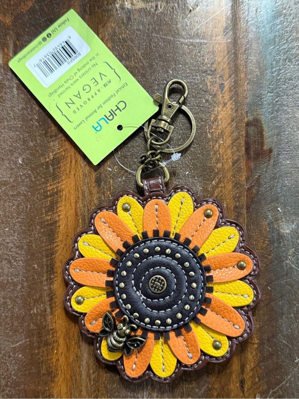 Chala Sunflower Bee Vegan Leather Coin Purse Bag Charm Keychain NWT